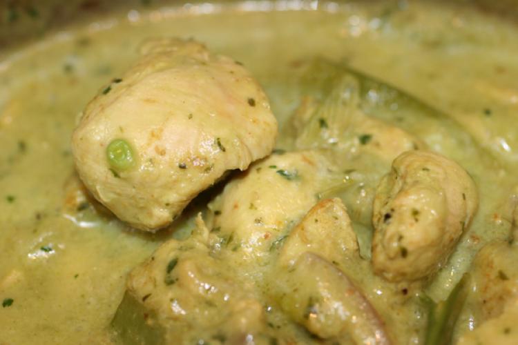 Detalle de curry verde tailandés de pollo.